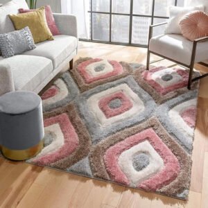 peach & grey handwoven microfiber geometric super soft shaggy carpet
